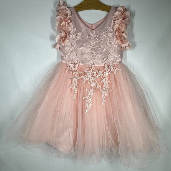 Trish Scully Size 7 Bianca Gown Satin Dress Tulle Lace 3D Floral Peachy Pink - Picture 2 of 11